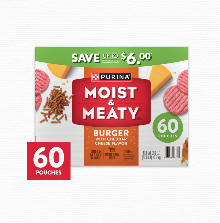 Purina Moist & Meaty Burger with Cheddar Cheese Flavor, Adult Dog Food, 6 oz., 60 ct.