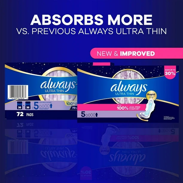 Always Ultra Thin Extra Heavy Overnight Pads with Wings, Size 5, 72 ct.